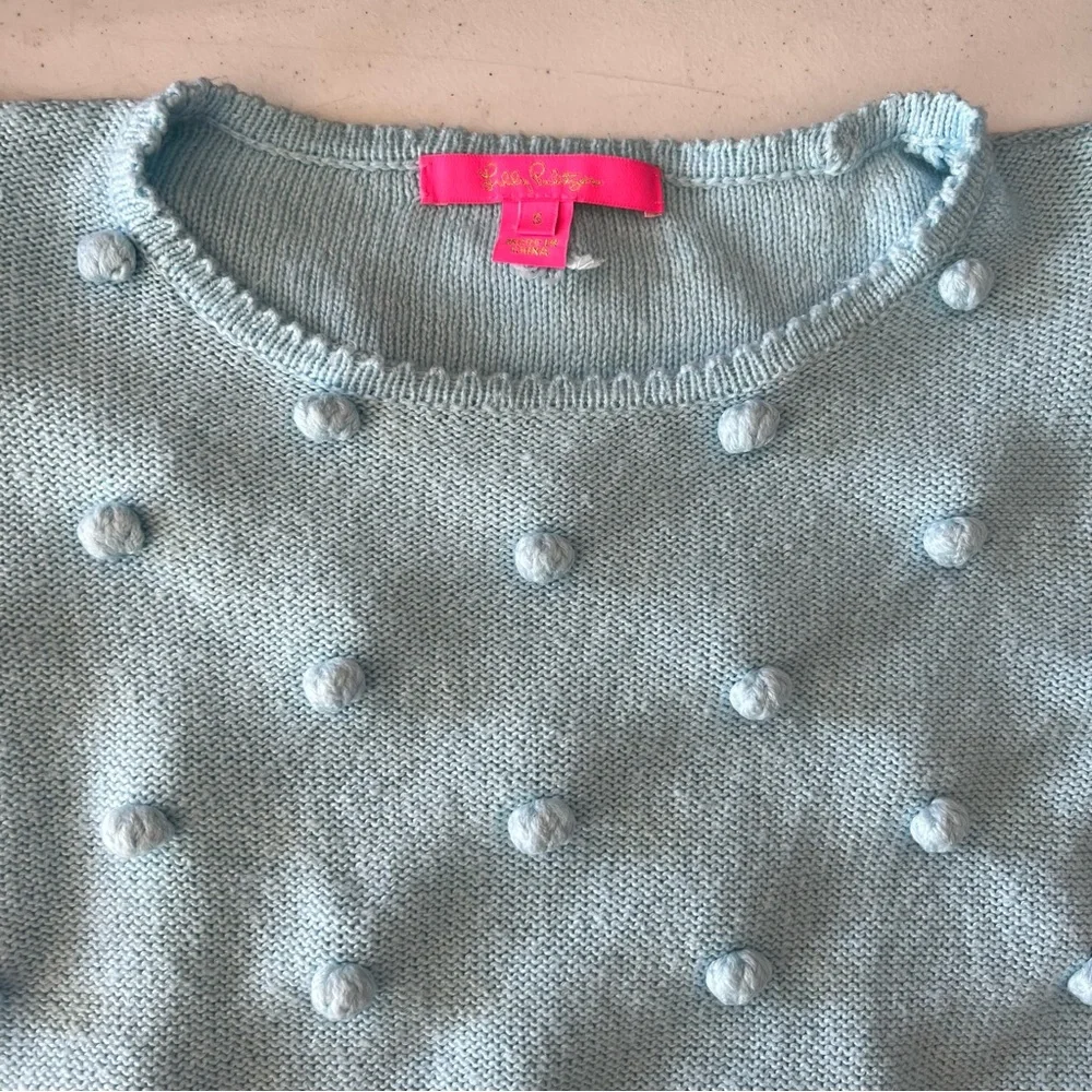 LILLY PULITZER Kippa Pom Pom Sweater Light Blue Sz S Ballon Sleeves Cotton Blend - Picture 14 of 15